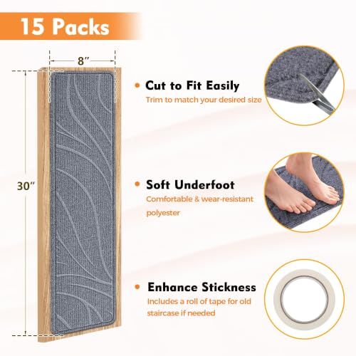Stair Treads for Wooden Steps, 15 PCS 8"x30", Grey - color: Grey