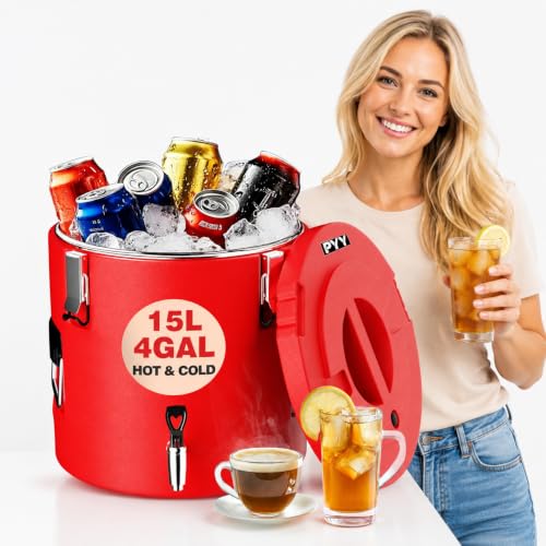PYY Insulated Beverage Dispenser - 4 Gallon Stainless Steel Coffee Carrier with Spigot Handle, Commercial Thermal Container for Chocolate Iced Juice Tea, Milk Hot and Cold Drink - size: 4 Gallon