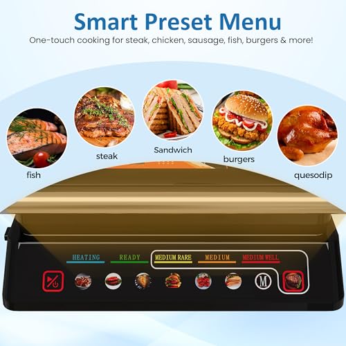 3-in-1 Indoor Grill & Griddle: 180° Flat Opening, Preset Menu, 1600W Electric Panini Press Sandwich Maker with Removable Non-stick Plates, Easy to Clean (Black, 14.25x13.4x5.9″) - size: Extra Large