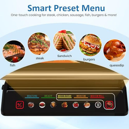 3-in-1 Indoor Grill & Griddle: 180° Flat Opening, Preset Menu, 1600W Electric Panini Press Sandwich Maker with Removable Non-stick Plates, Easy to Clean (Black, 14.25x13.4x5.9″) - size: Extra Large