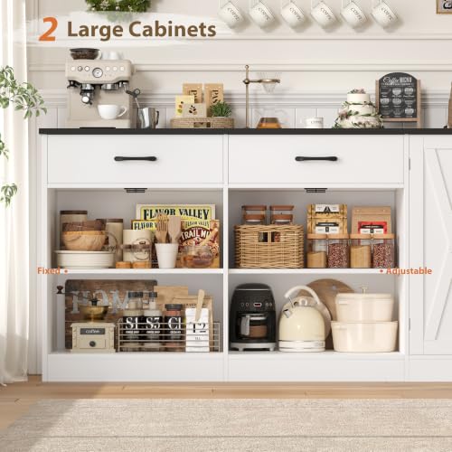 HOSTACK 71" W Kitchen Buffet Cabinet with Storage, Large Coffee Bar Cabinet - color: White/Black