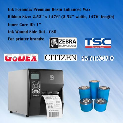 BEUYI 2.52'' x 1476' Premium Resin Enhanced Wax Ribbon, 64mm x 450m Black Thermal Transfer Ribbon for Barcode Thermal Label Printers, CSO-Ink Outside, 1'' Core for Zebra, TSC, GoDex, Citizen (1 Roll) - size: 2.52''x1476'｜1 Roll