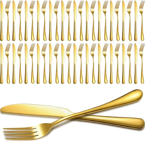 Nuenen 50 Pieces Gold Forks and Knives Stainless Steel Forks Silverware Set - color: Gold, size: 8.07 x 0.94 Inch, 9.06 x 0.79 Inch