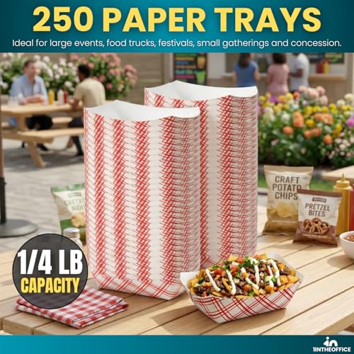 Paper Food Trays, Disposable Food Boat Tray Holders 1/4 lb Capacity, for Nachos, Fries, Hot Dogs & Tacos, Red Plaid, 250 Pack