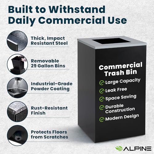 Alpine Commercial Indoor Trash Can - 29 Gallon Modern Looking Black Office Trash can, Metal Trash and Recycling Container with Stickers & 3 Optional Lids (lid Sold Separately) - color: Black Can