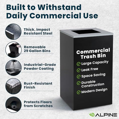 Alpine Commercial Indoor Trash Can - 29 Gallon Modern Looking Black Office Trash can, Metal Trash and Recycling Container with Stickers & 3 Optional Lids (lid Sold Separately) - color: Black Can