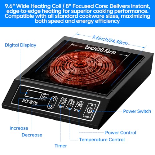 BOOROS Portable Induction Cooktop, 9.6" Heating Coil with 8" Core, 1800W