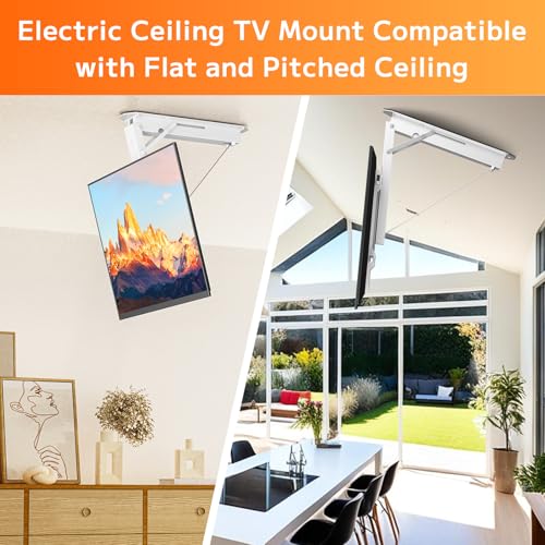 Electric Ceiling TV Mount, Remote Adjustable Flip Down Bracket for 32 to 70 Inch Flat Curved Screen TVs Max VESA 600x400mm, Motorized TV Ceiling Mount for Flat Pitched Roof Indoor Outdoor - color: White