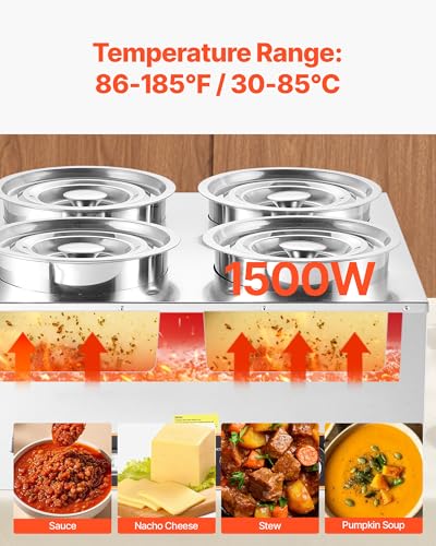 VEVOR Electric Soup Warmer, Four 6.34QT Stainless Steel Round Pot with 86~185°F Adjustable Temp, 1500W Commercial Bain Marie with Anti-Dry Burn and Reset Button, Soup Station for Restaurant, Buffet - size: 4×6L Pots