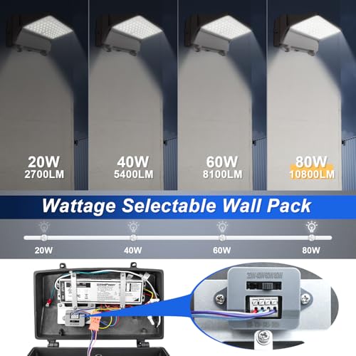 80W LED Full Cut-Off Wall Pack Light with Photocell, 5000K Wattage Tunable - size: 20/40/60/80W