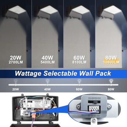 80W LED Full Cut-Off Wall Pack Light with Photocell, 5000K Wattage Tunable - size: 20/40/60/80W