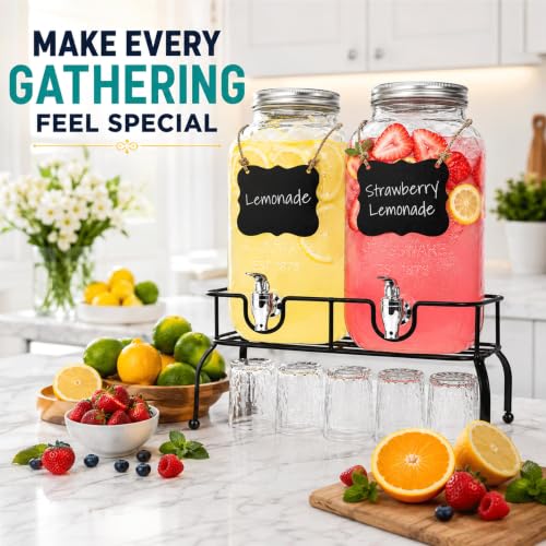 Estilo Set of 2 Glass Drink Dispensers,1 Gallon Beverage Dispenser With Lid - size: 1 Gallon, style: Double w/ Stand & Labels