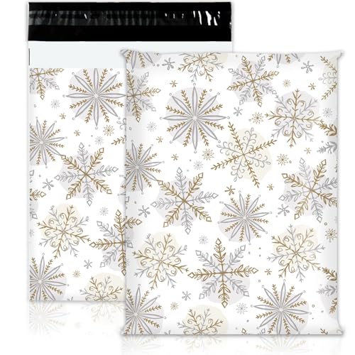 JarThenaAMCS 100Pcs Christmas Poly Mailers 10 x 13 Inch Gold Silver Snowflake Winter Envelope Mailers Xmas Self-Sealing Plastic Packaging Mailing Bags for Small Business Clothing - style: Gold Silver Snowflake
