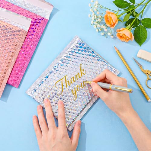 60 Pcs Small Bubble Mailers Cute Holographic Padded Envelopes, 6 x 9.5 Inch Self Seal Waterproof Shipping Bags for Jewelry Makeup Accessories Small Business (Silver Pink Rose Pink)