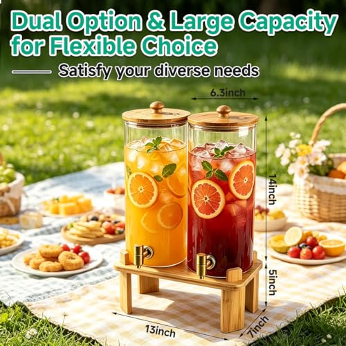 2 Gallon 2 PCS (4 gallon) Beverage Dispenser With Bamboo Wood Stand,Large Glass Drink Dispenser for Parties,Large Water Dispensers with Spigot,Juice Containers & Water Pitcher,Lemonade Dispenser