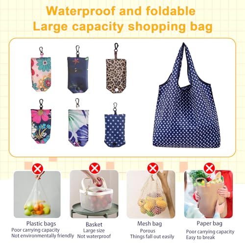 6 Pcs Reusable Shopping Bags Foldable,Grocery Bags in Pocket,Waterproof and Machine Washable,Eco-friendly Travel Recycle Polyester Tote Bags for Daily Shopping Supplies load