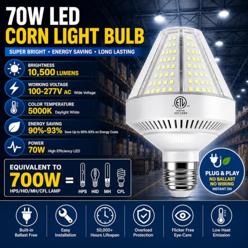 RIUVAO LED Corn Light Bulb E26/E39 Base, 10500 Lumens Super Bright 700W Equivalent, 70W Daylight White 5000K Corn Cob Light for Garage Warehouse Barn High Bay, Indoor Outdoor, ETL Listed, 2 Pack