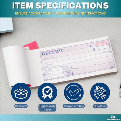 1InTheOffice Money and Rent Receipt, 2-3/4 x 7-3/16 Inches, 3-Parts, Carbonless, White/Canary, 50 Sets per Book (2 Pack)