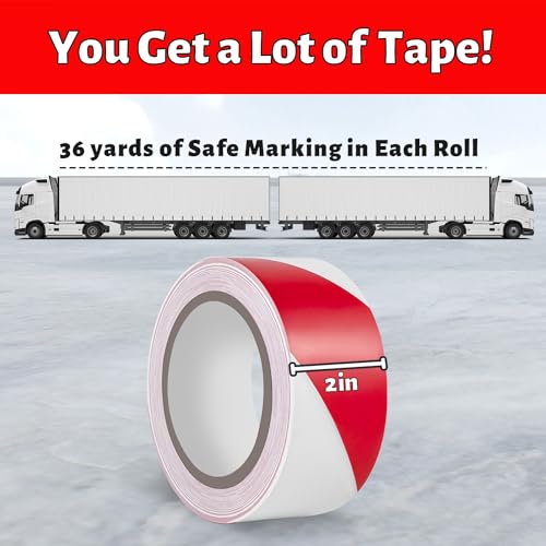 Hazard Tape - 2 Inch x 108 Feet Red & White Ultra-Adhesive Hazard Warning Safety Stripe Tape for Marking Floor, Walls - color: Red & White