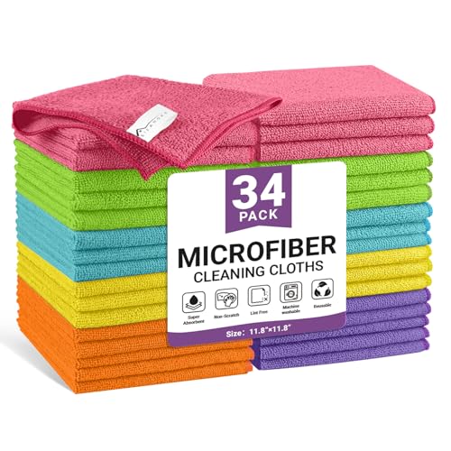 34 Pack Microfiber Cleaning Cloth, 6 Assorted Colors Cleaning Rags for Housekeeping, Colorful Reusable Microfiber Towels for Car, Kitchen, Bathroom and Household Cleaning Supplies, 11.8"X11.8" - color: Assorted - 6 Colors, size: 1 Count (Pack of 34)