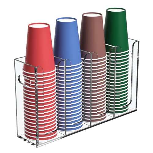 Disposable Coffee Cup Dispenser with Handles, Countertop or Wall Mount Hot/Cold Drink Cup and Lid Holder - Bathroom/Kitchen/Office Acrylic Cup Lid Storage Organizer (4 Compartments, Clear) - color: Clear, size: 4 Compartments