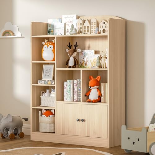DIYART Oak Kids Bookshelf, Kids Bookcase with 7 Cubbies and 2 Cabinets, Freestanding Book Storage Shelves for Bedroom, Playroom, Hallway, 35.4" W x 48" H - color: Oak, size: 35.4"W x 48"H