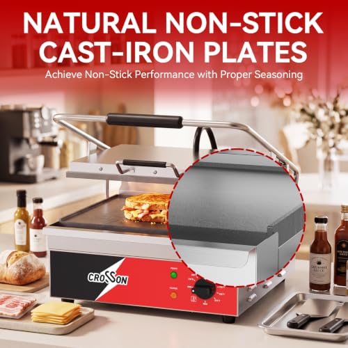 CROSSON 15"×11" Flat ETL Listed Commercial Electric Panini Grill,Hinged Auto Leveling Top Plate Panini Press Sandwitch Maker