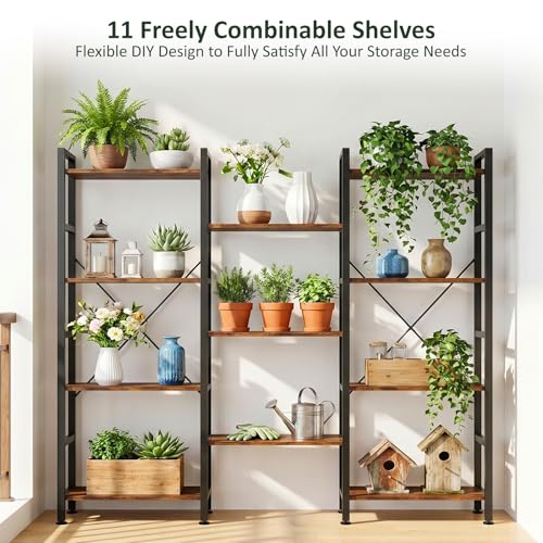 Triple Bookshelf, Free Standing Bookcase with Open Storage Shelves - color: Rustic Brown, size: 11 Tier