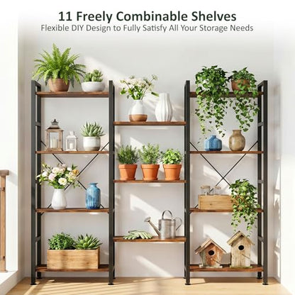 Triple Bookshelf, Free Standing Bookcase with Open Storage Shelves - color: Rustic Brown, size: 11 Tier