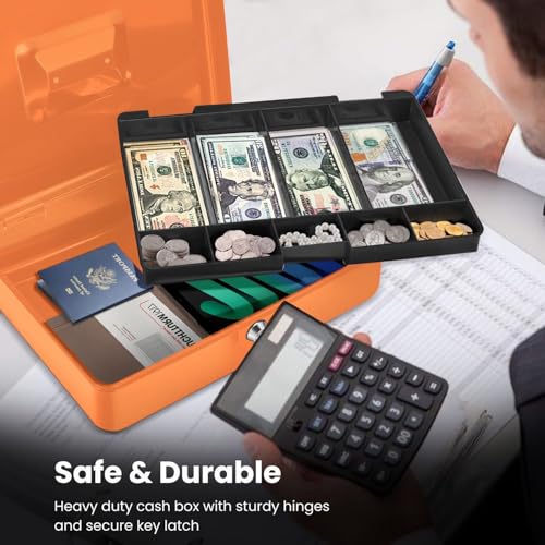 Flexzion Small Cash Box with Money Tray and Lock, 11.4-Inch, Orange - color: Orange