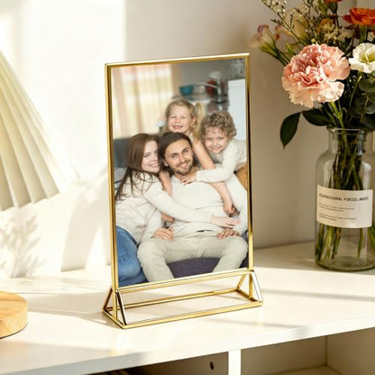 UNIQOOO Acrylic Sign Holders with Golden Border, Portrait View, Pack of 12 | 5x7 Double Sided Clear Frame, Perfect for Wedding reception, Centerpiece, Decoration, Party,Anniversary, Event - size: 5x7",12Pack