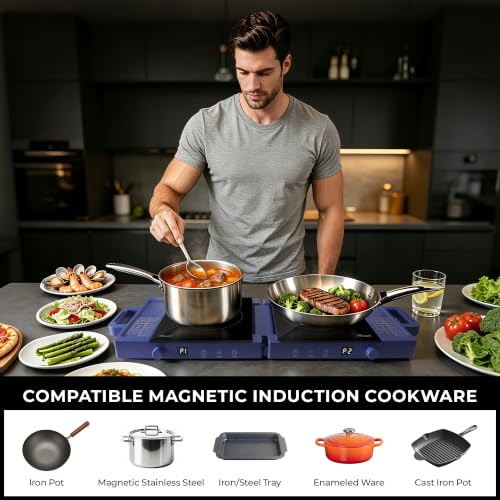 Rosewill Foldable Dual Induction Cooktop Burner, 1800W Portable Double Burner with 8 Cooking Modes & 9-Hour Timer, Auto Shutoff, Electric Stove for Home, Dorms, RVs, Small Kitchen - Blue - color: Blue