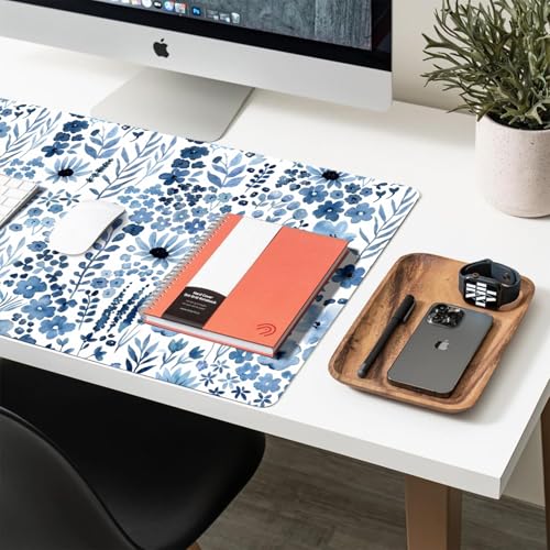 Floral Desk Mat, Cute Flower Large Mouse Pad Navy Blue 31.5"x15.7" - color: A Flowers - Navy Blue, size: 31.5" x 15.7"