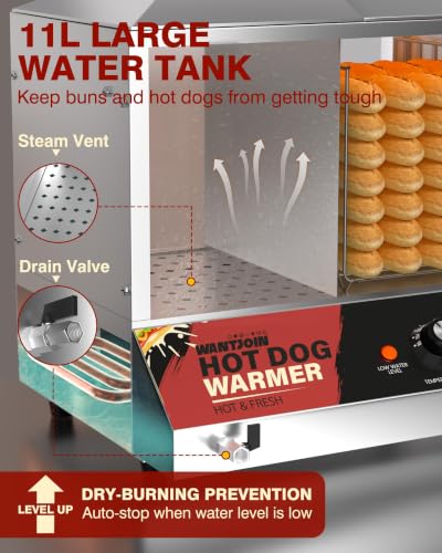 WantJoin Commercial Hot Dog Steamer - 38QT/36L Electric Hot Dog Steamer and Bun Warmer, Stainless Steel Hot Dog Cabinet with Tempered Glass 200-275 Sausages & 40-45 Buns - color: Silver, size: 38QT