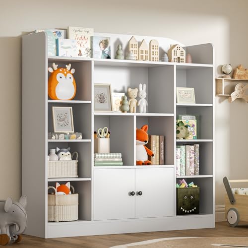 DIYART White Kids Bookshelf, Kids Bookcase with 11 Cubbies and 2 Cabinets, Freestanding Book Storage Shelves for Bedroom, Playroom, Hallway, 47.2" W x 48" H - color: White, size: 47"W x 48"H