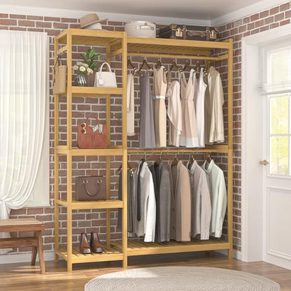 Homykic Bamboo Clothing Rack with 7 Adjustable Shelves, 2 Hang Rods - color: Natural, size: II Medium