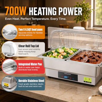 Electric Buffet Food Warmer with Touch Control, 2 * 4.5QT Half Size Stainless Steel Chafing Dish with Roll Top Lid for Catering and Events - size: 608-Dual Pan