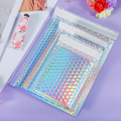 50 Pieces Bubble Mailers, 3 Sizes, Holographic, Rainbow - color: Rainbow Color