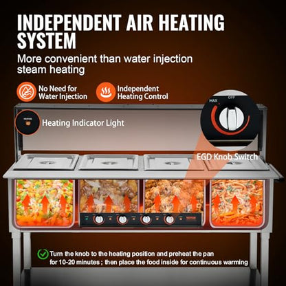 VEVOR 4-Pan Commercial Food Warmer, 4 x 20.6QT Electric Steam Table, 2000W Professional Buffet Catering Food Warmer with Acrylic Sneeze Guard, Food Grade Stainless Steel Server for Party Restaurant - size: 4-Pan (96 QT)