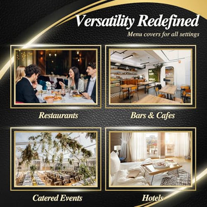 Flexzion Menu Covers 8.5 x 11 Inch - Book Style Menu Holders for Restaurant, Hotel, Cafe, Bar & Pubs - Transparent Clear Menu Covers with 3 Page 6 View, (30 Packs) Menu Folders with Gold Metal Corner - size: 30 pack