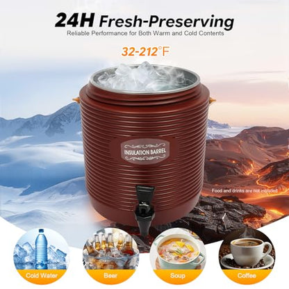 Insulated Beverage Dispenser 3 Gal/6.6Gal, Stainless Steel Commercial Drink Dispenser with Spigot, 24H Hot/Cold Thermal Carafe for Coffee, Tea, Water, Parties (Brown, 3Gal / 11L) - color: Brown, size: 3Gal / 11L