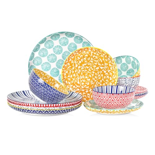 Selamica Ceramic Plates and Bowls Sets,12 Pieces Dinnerware Sets for 4,Scratch Resistant Dish Set,Dishwasher & Microwave Safe, Assorted Colors - color: Assorted Colors, size: Service for 4 (12 Pcs)