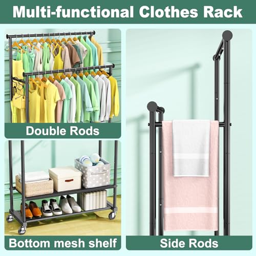 Double Rods Clothes Rack for Hanging Clothes, Heavy Duty Rolling Clothing Rack with Wheels, Freestanding Garment Racks with Oxford Bottom Shelf and Mesh Bottom Shelf for Bedroom Laundry Living Room - color: Black