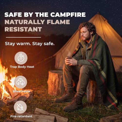 PuTian 100% Wool Blanket - Camping Outdoor Blanket, Plaid Army Green - color: Plaid Pattern Army Green, size: 63" × 87"