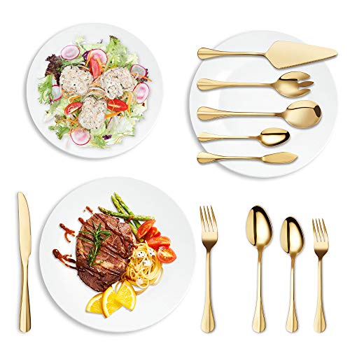 Gold Silverware Flatware Set, HF HOFTEN 45-Piece Stainless Steel Durable Cutlery Serving Set, Service for 8, Modern Elegant Design for Home/Hotel/Restaurant, Mirror Polished & Dishwasher Safe - color: HX032-45GO