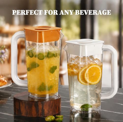 CURTA 2 Pack Plastic Pitcher with Lid, 2L Heavy-Duty Shatterproof Pitchers Clear Water Pitcher with Handle for Lemonade, Coffee,Iced Tea, Milk, Juice, Beverages - color: White & Brown