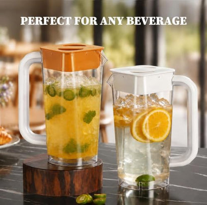 CURTA 2 Pack Plastic Pitcher with Lid, 2L Heavy-Duty Shatterproof Pitchers Clear Water Pitcher with Handle for Lemonade, Coffee,Iced Tea, Milk, Juice, Beverages - color: White & Brown