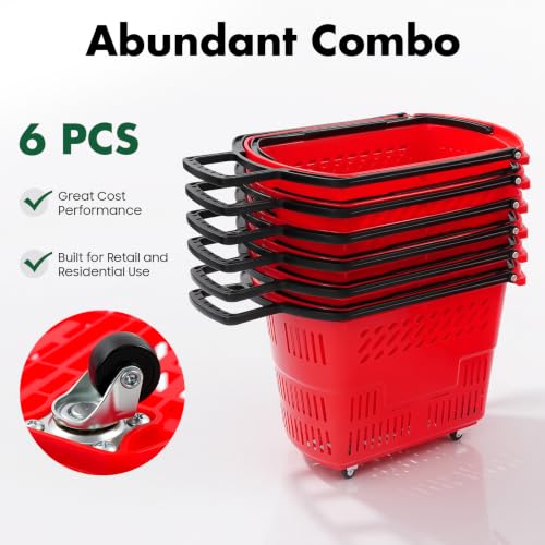 6PCS Shopping Basket 35L Portable Plastic Rolling Shopping Cart with Wheels - color: Red