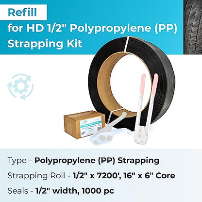 IDL Packaging Refill for 1/2" Polypropylene (PP) Strapping Kits for Packaging Strapping - 1/2" x 9000' Polypropylene Strapping Roll of 16" x 6" Core Size and 1000 of 1/2" Open Seals - size: 16" x 6" Core Coil + 1000 Seals, style: 300 lbs Break Strength