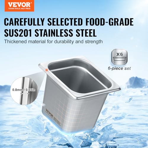 VEVOR 6 Pack Stainless Steel Hotel Pans - 1/6 Size 6-Inch Deep 0.8mm Thick Anti-Jam Commercial Food Pans for Steam Tables, Restaurants, Catering & Industrial Use - size: 1/6 Size, style: 6 Inch Deep Thickened